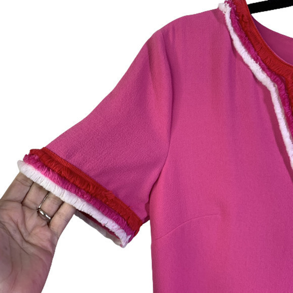TRINA TURK Dress 4‎ Hot Pink Fringe Crepe Sheath Mini Preppy Resort Vacation - Picture 6 of 11